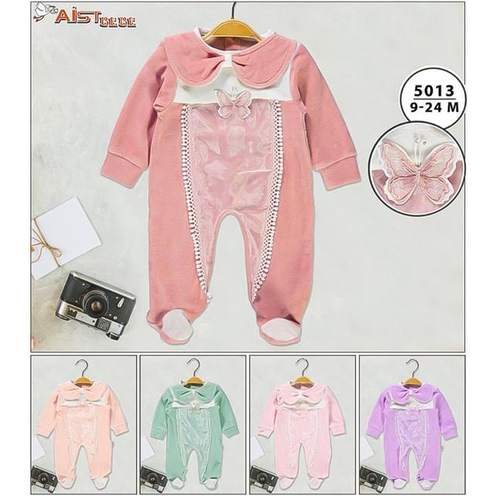Aist Baby 5013 Kız Bebe Kelebek Nakışlı Kadife Tulum 3-18 Ay
