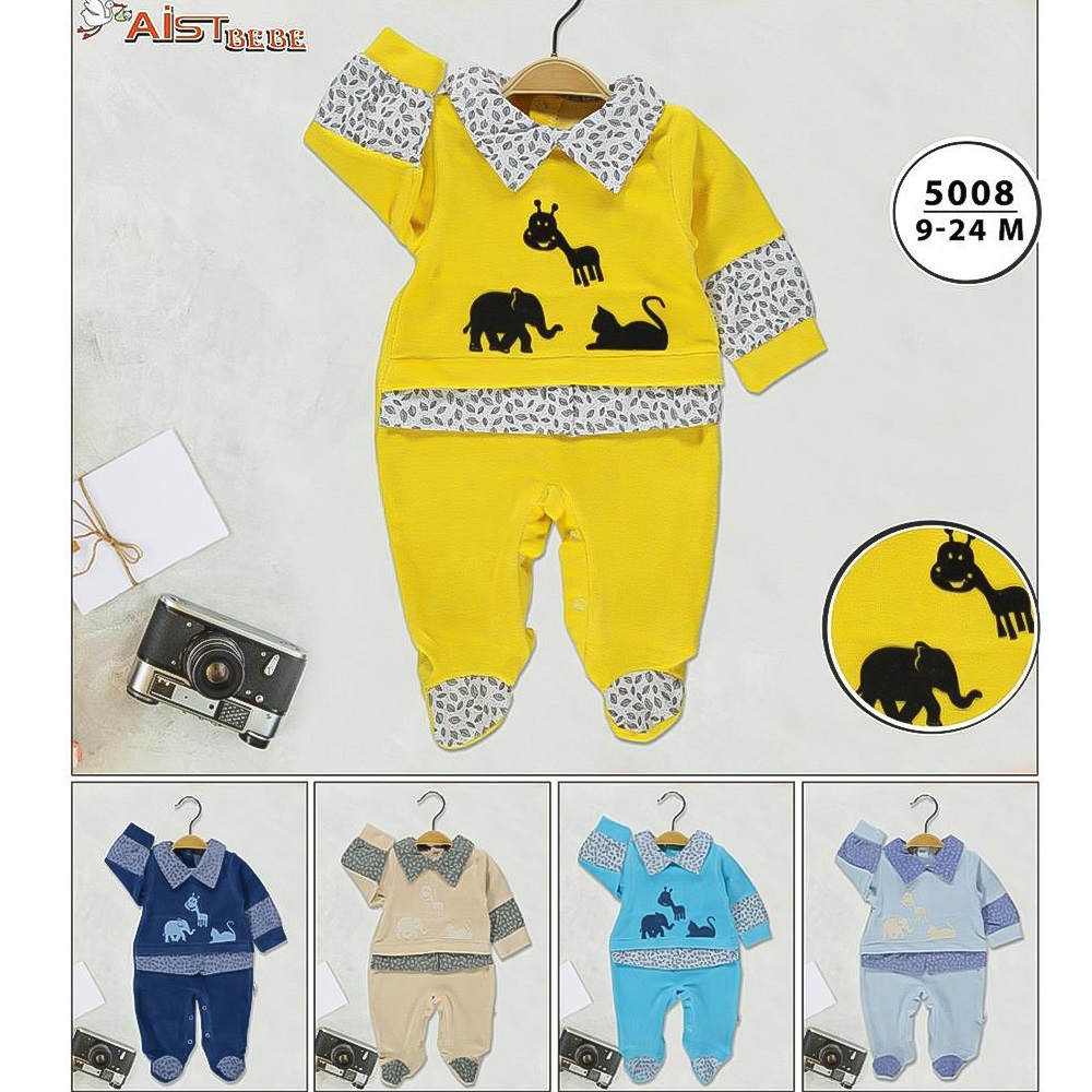 Aist Baby 5008 Erkek Bebe Hayvan Figür Baskılı Kadife Tulum 3-18 Ay