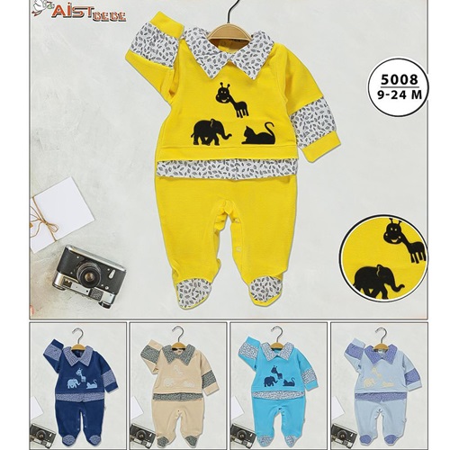 Aist Baby 5008 Erkek Bebe Hayvan Figür Baskılı Kadife Tulum 3-18 Ay