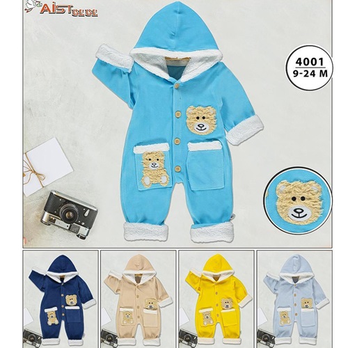 Aist Baby 4001 Erkek Bebe Ayı Nakışlı Kadife Tulum 3-18 Ay