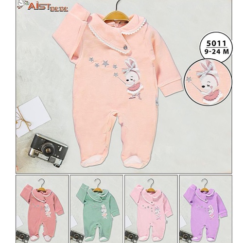 Aist Baby 5011 Kız Bebe Yıldızlı Tavşan Nakışlı Kadife Tulum 3-18 Ay
