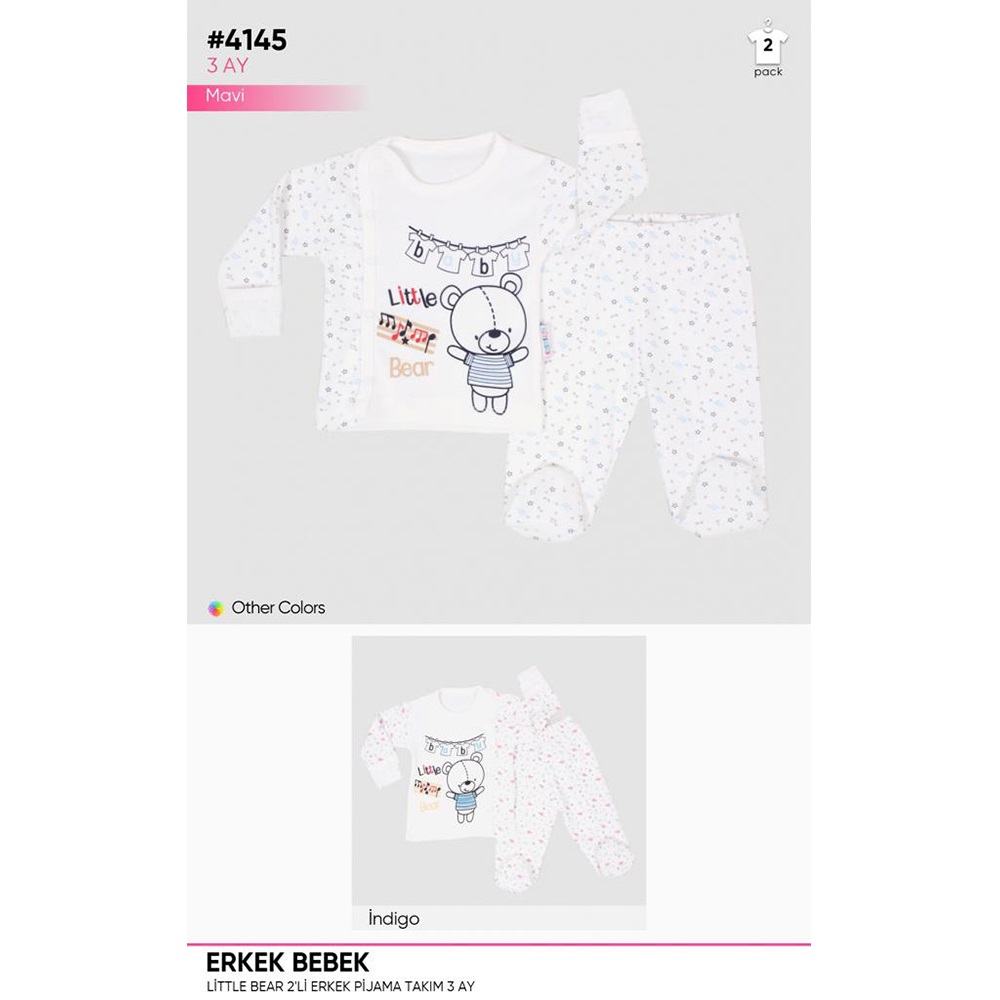Kardelya 4145 Bebe Little Bear Baskılı Pijama Takım 0-3 Ay - İndigo - 0-3 AY