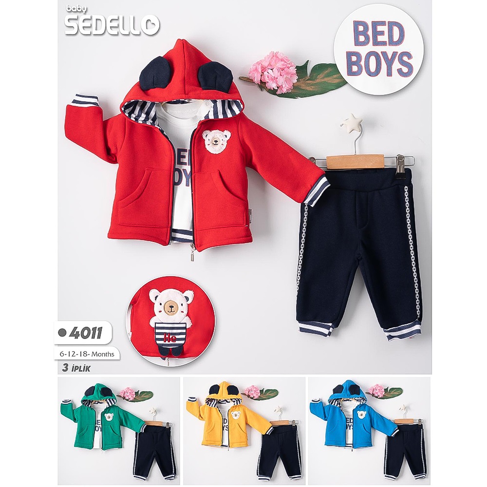 Sedello 4011 Erkek Bebe 3 İp Ayı Nakışlı 3 lü Takım 6-18 Ay