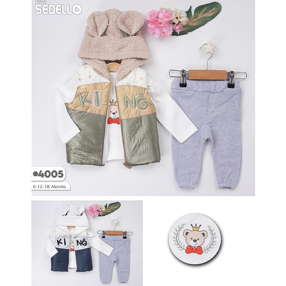 Sedello 4005 Erkek Bebe Penye King Nakışlı Şişme Yelekli 3 lü Takım 6-18 Ay