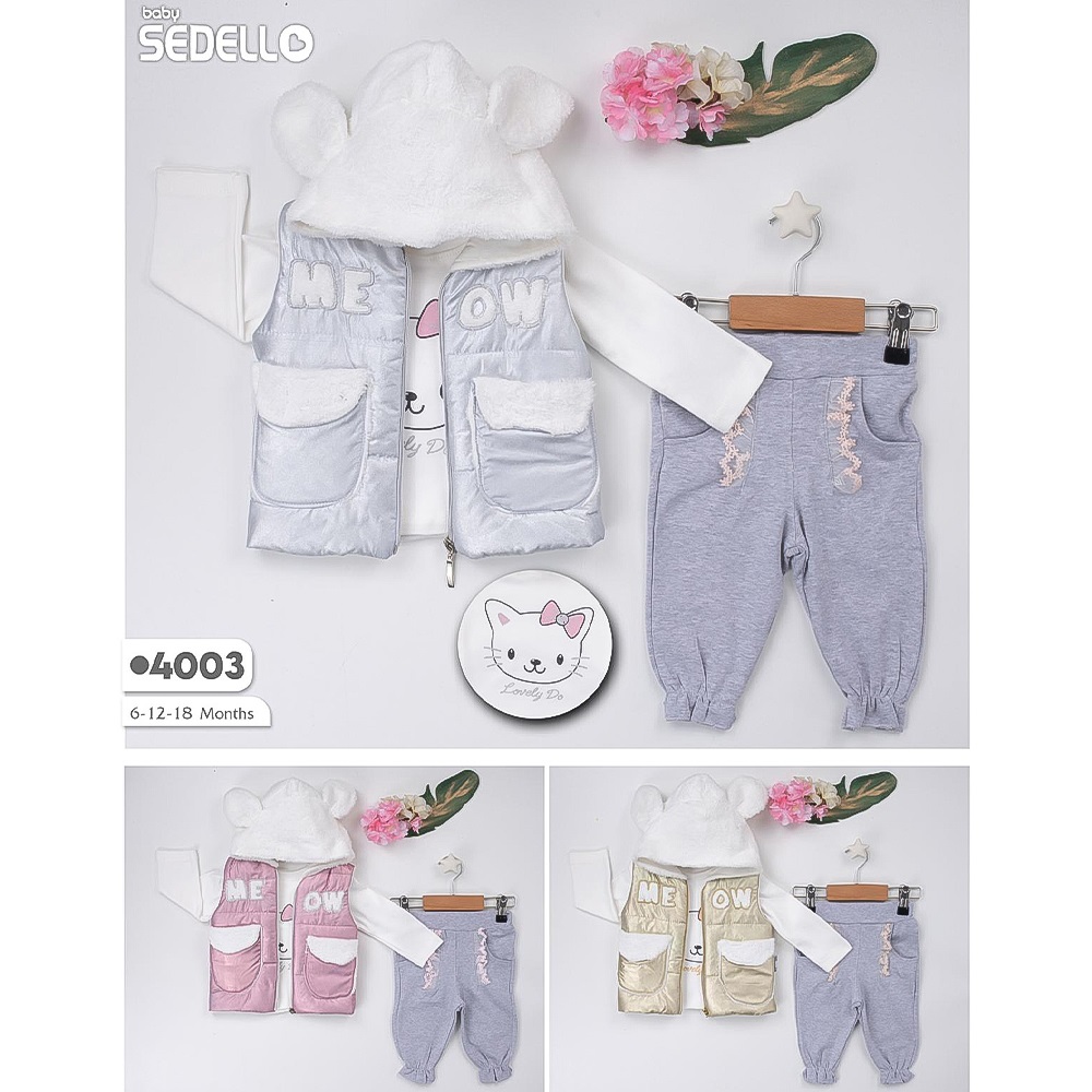 Sedello 4003 Kız Bebe Penye Varaklı Şişme Yelekli 3 lü Takım 6-18 Ay
