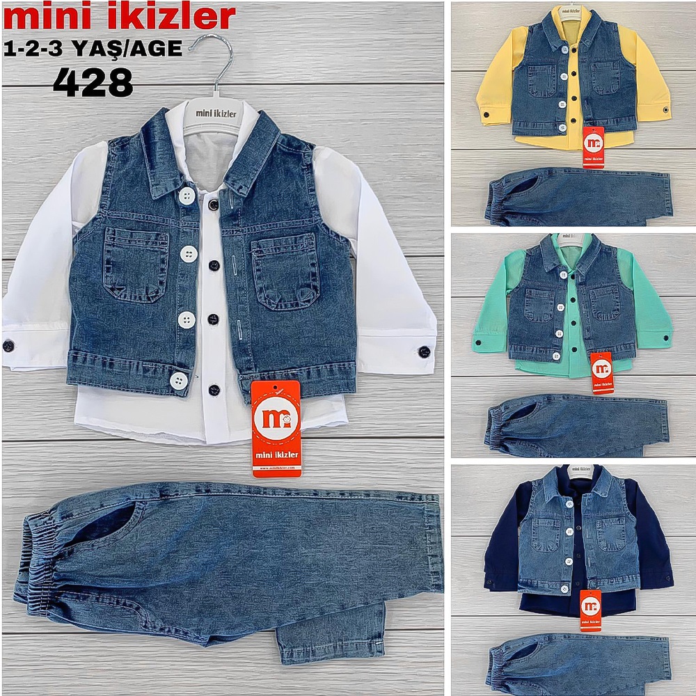 Mini İkizler 428 Erkek Çocuk Gömlekli Kot Yelekli 3 Lü Takım 1-3 Yaş