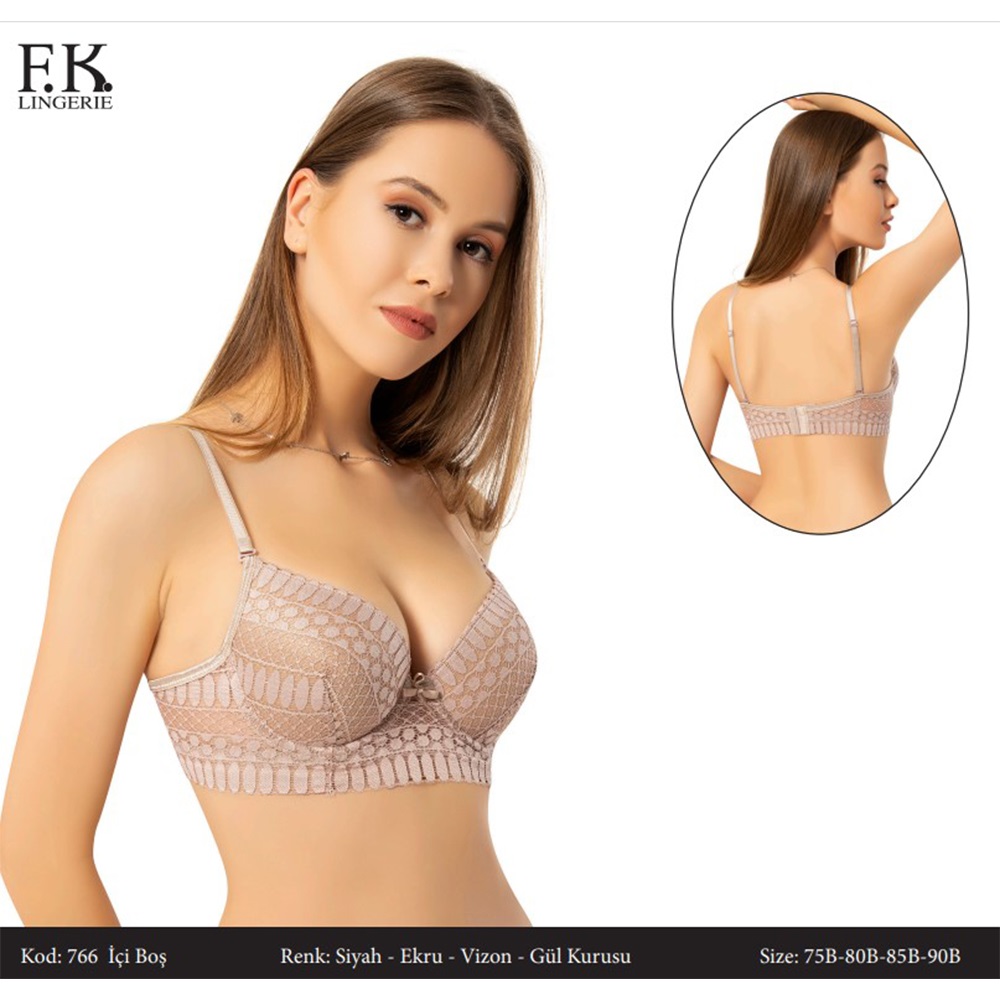 F.K 766 Bayan Dantelli Desteksiz Balenli Sütyen 80-95 - Siyah