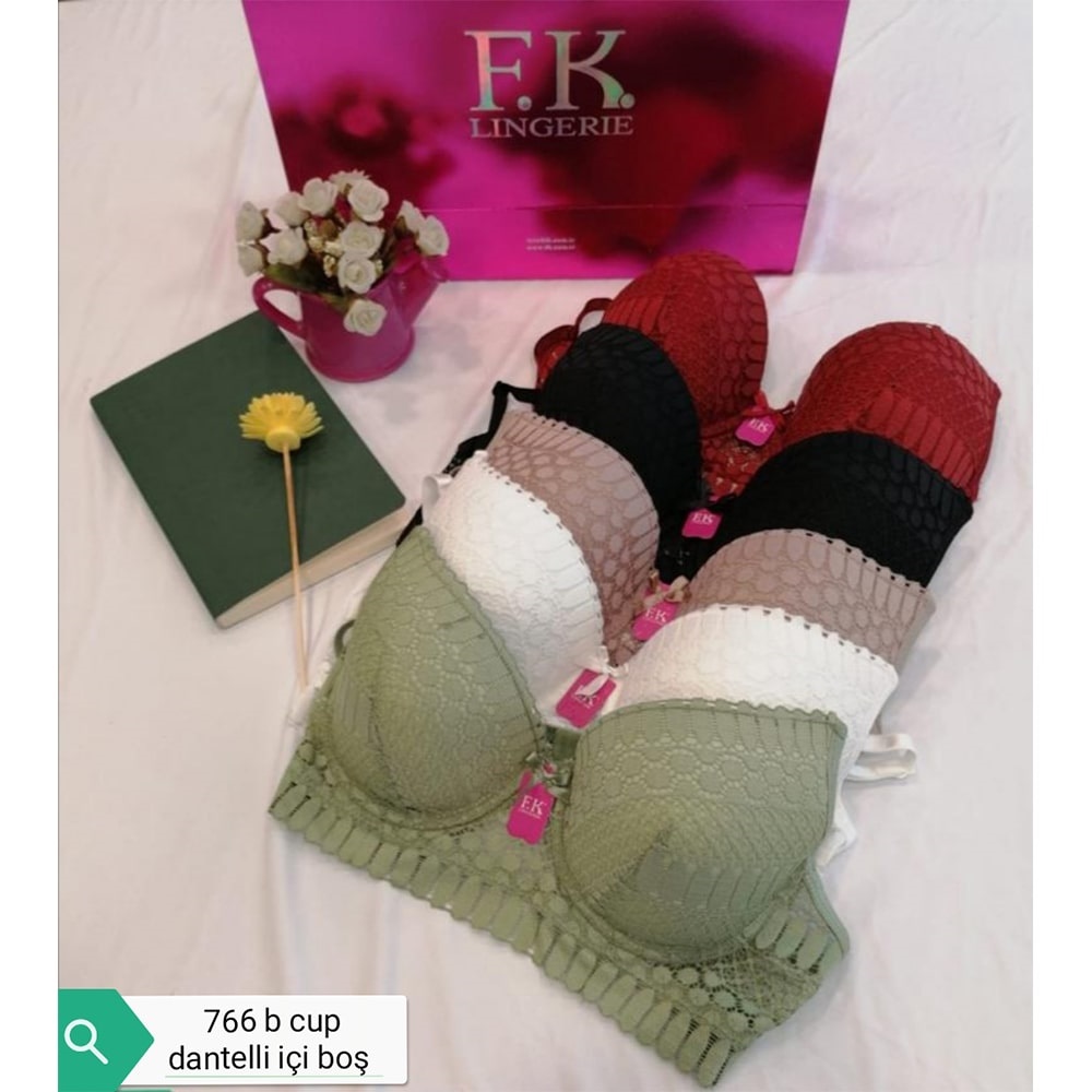 F.K 766 Bayan Dantelli Desteksiz Balenli Sütyen 80-95 - Siyah