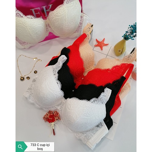 F.K 733 Bayan Dantelli Desteksiz Balenli C Cup Sütyen 85-100 - Beyaz