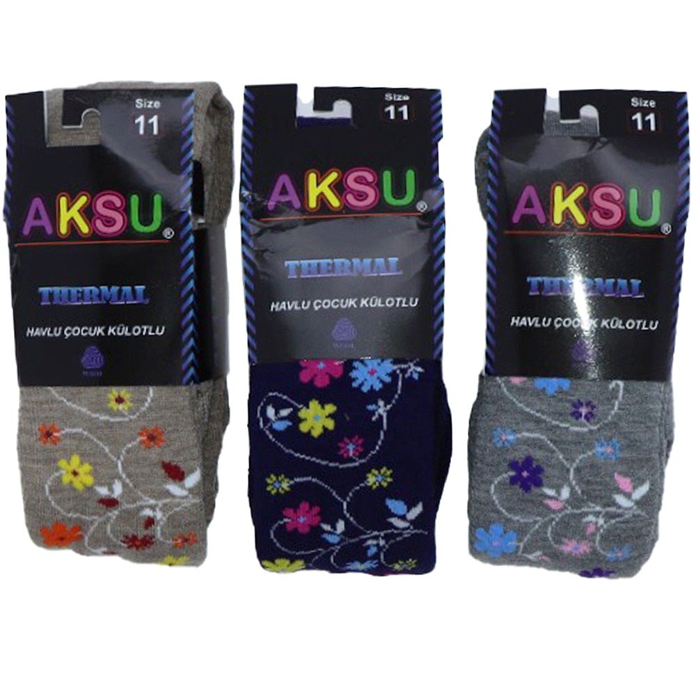 Aksu Kız Çocuk Desenli Termal Yün Havlu Külotlu Çorap- Karışık Renk - 11 YAŞ