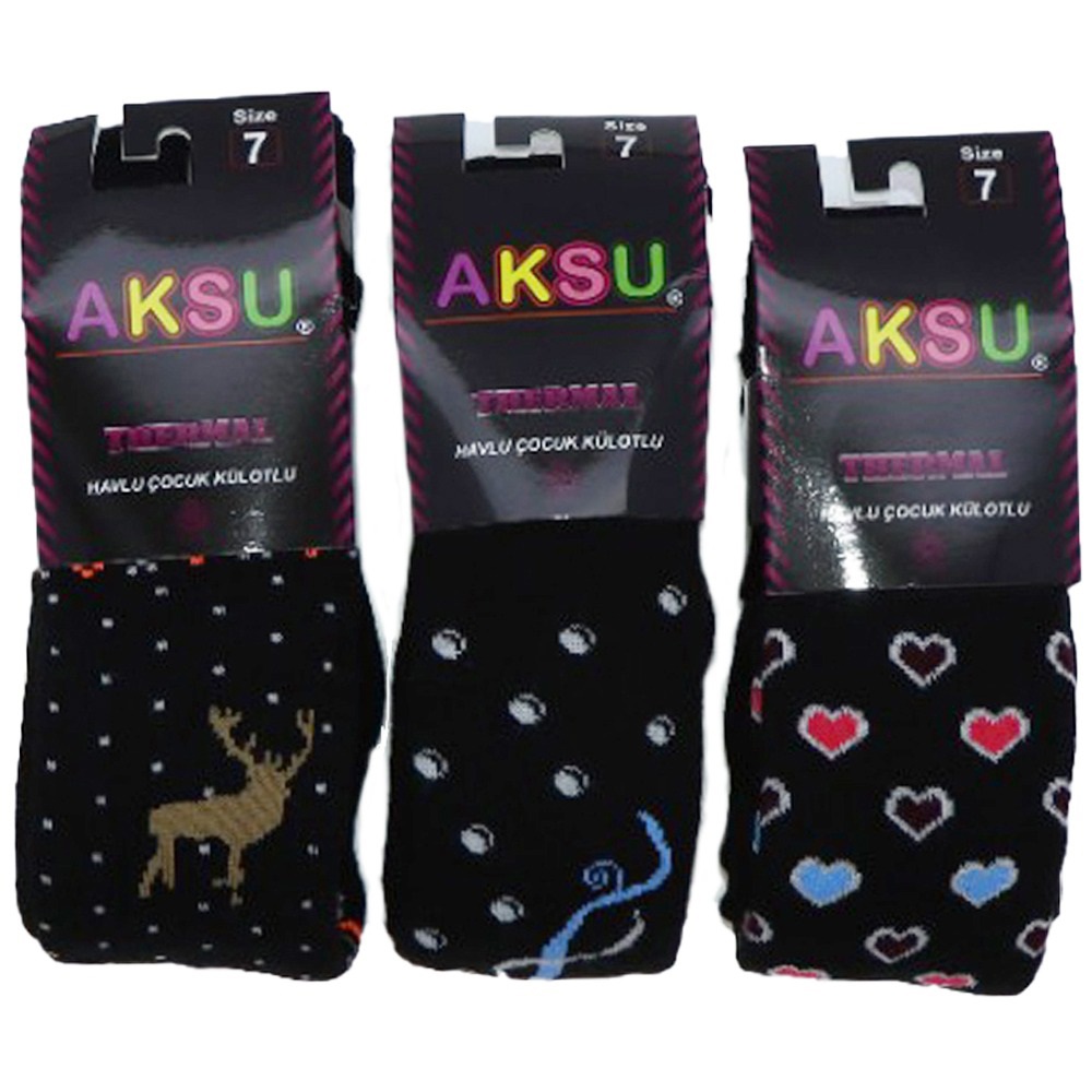 Aksu Kız Çocuk Desenli Termal Yün Havlu Külotlu Çorap- Karışık Renk - 11 YAŞ