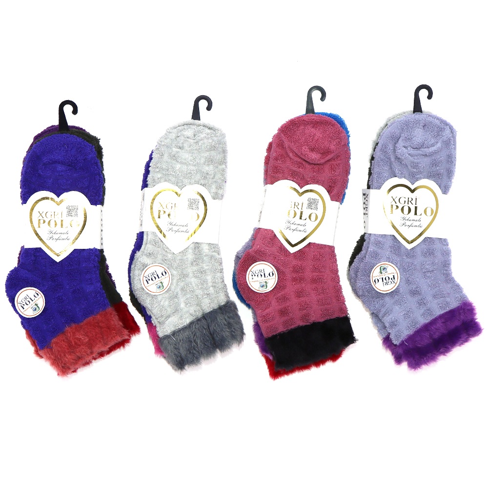 X Gri Polo BE-33 Bayan Tay Tüyü Parfümlü Ters Havlu Patik Çorap - Karışık Renk - ASORTİ
