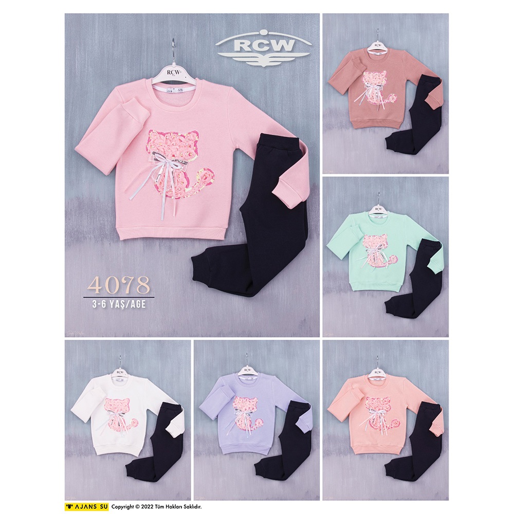Rcw 4078 Kız Çocuk Tek Kedi Tül Aplikeli 3 İplik Takım 3-6 Yaş
