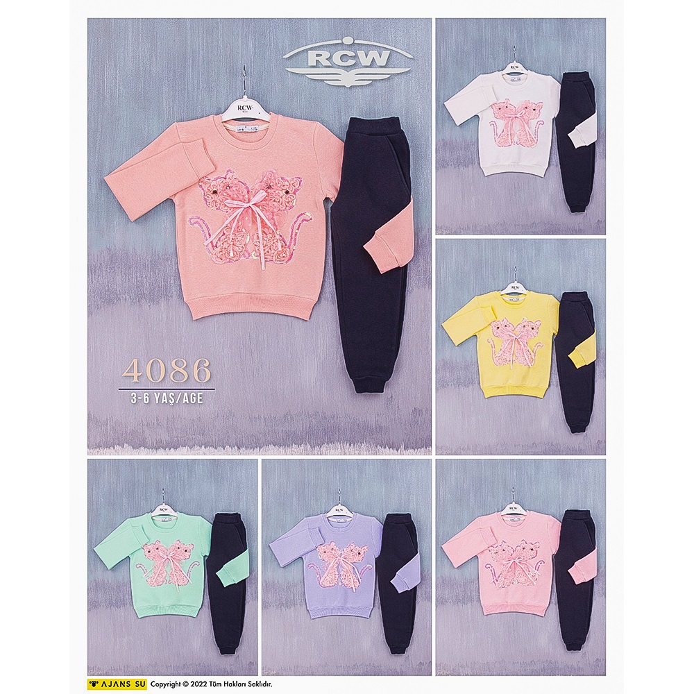 Rcw 4088 Kız Çocuk İki Kedi Tül Aplikeli 3 İplik Takım 3-6 Yaş