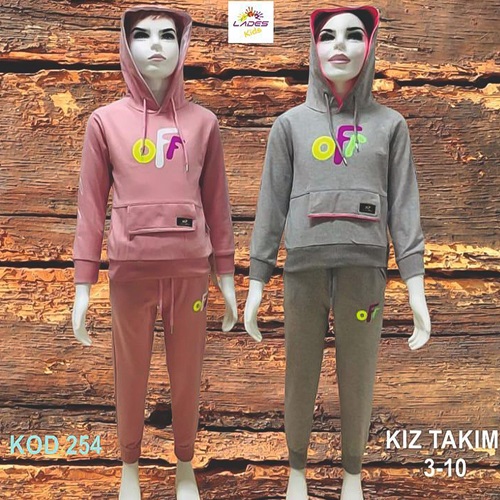 Lades 254 Kız Çocuk Penye OFF Bas Kap Kanguru Cep Takım 7-10 Yaş