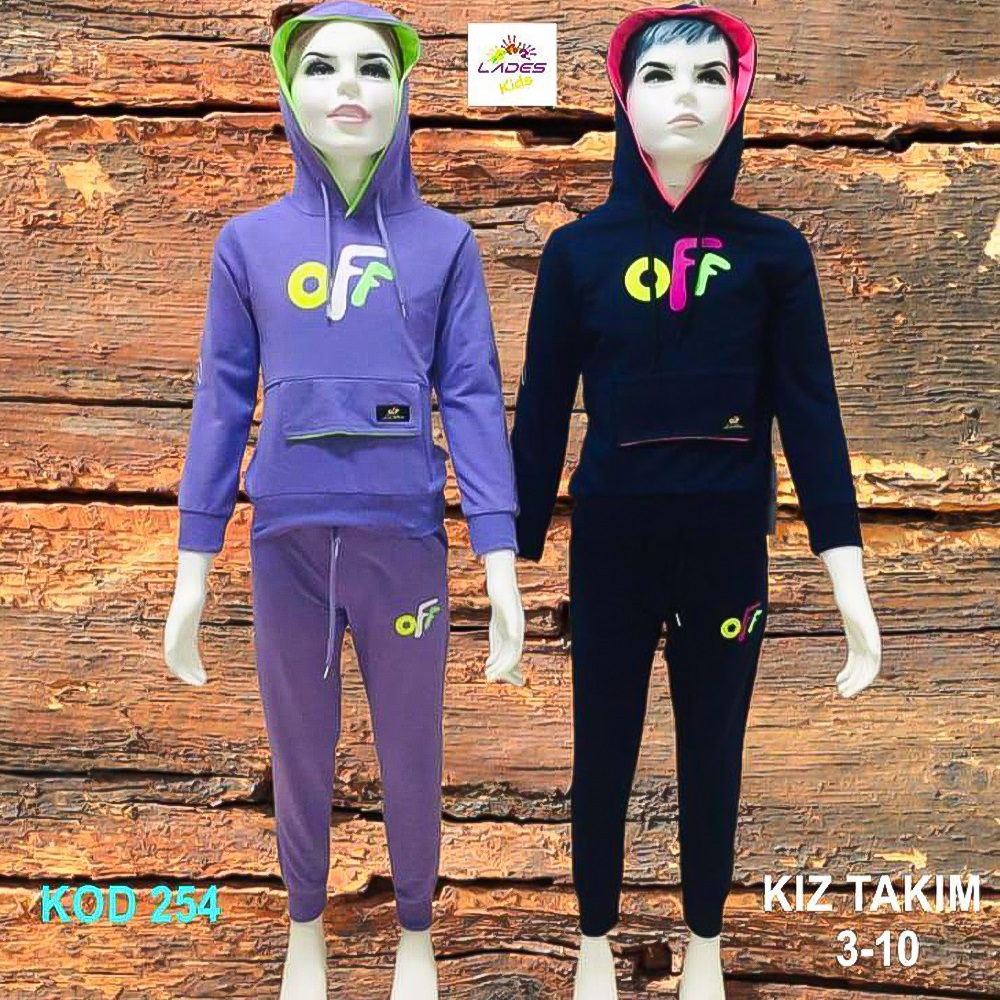 Lades 254 Kız Çocuk Penye OFF Bas Kap Kanguru Cep Takım 7-10 Yaş