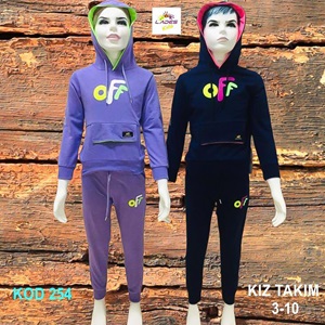 Lades 254 Kız Çocuk Penye OFF Bas Kap Kanguru Cep Takım 7-10 Yaş