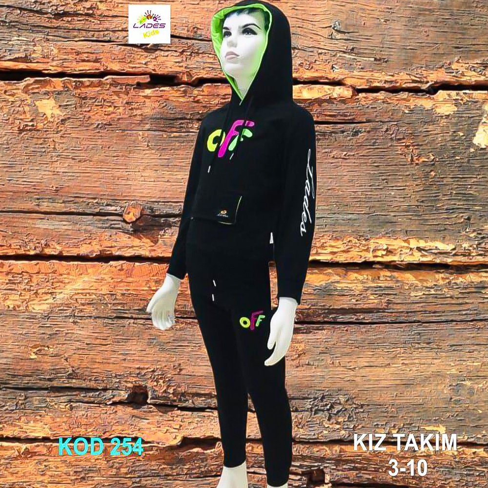 Lades 254 Kız Çocuk Penye OFF Bas Kap Kanguru Cep Takım 7-10 Yaş