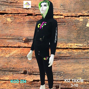 Lades 254 Kız Çocuk Penye OFF Bas Kap Kanguru Cep Takım 7-10 Yaş