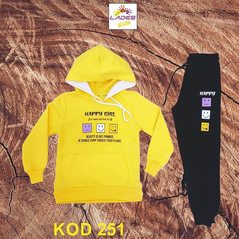 Lades 251 Kız Çocuk Penye Happy Girl Kap Kanguru Cep Takım 7-10 Yaş