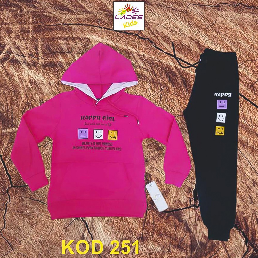 Lades 251 Kız Çocuk Penye Happy Girl Kap Kanguru Cep Takım 7-10 Yaş