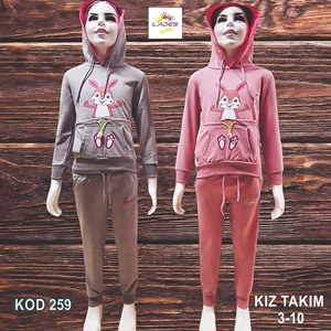 Lades 259 Kız Çocuk Penye Tavşan Bas Kap Kanguru Cep Takım 7-10 Yaş