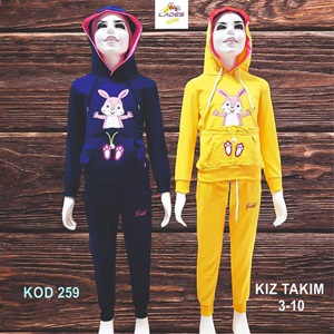 Lades 259 Kız Çocuk Penye Tavşan Bas Kap Kanguru Cep Takım 3-6 Yaş