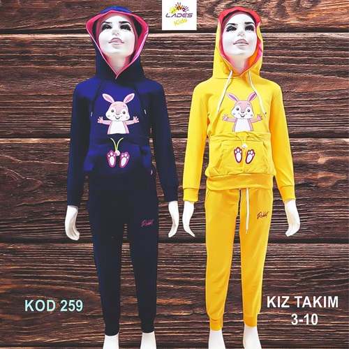 Lades 259 Kız Çocuk Penye Tavşan Bas Kap Kanguru Cep Takım 3-6 Yaş