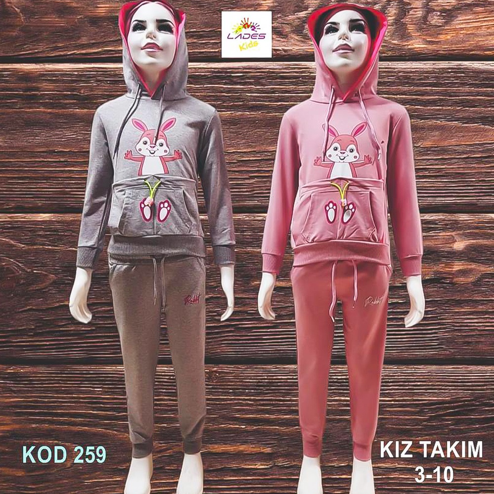 Lades 259 Kız Çocuk Penye Tavşan Bas Kap Kanguru Cep Takım 3-6 Yaş