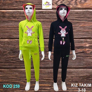 Lades 259 Kız Çocuk Penye Tavşan Bas Kap Kanguru Cep Takım 3-6 Yaş