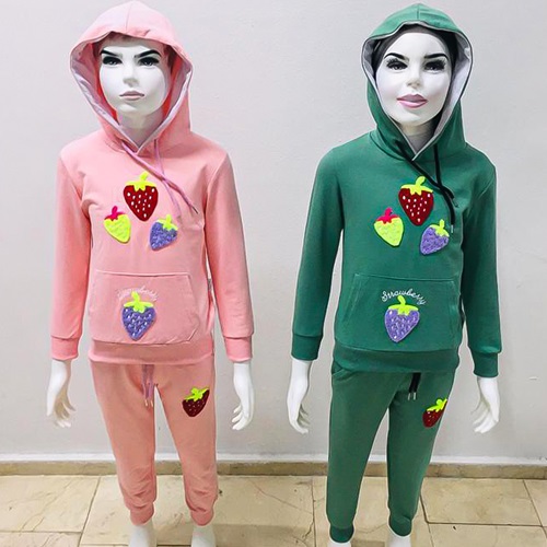 Lades 256 Kız Çocuk Penye Çilek Bas Kap Kanguru Cep Takım 7-10 Yaş