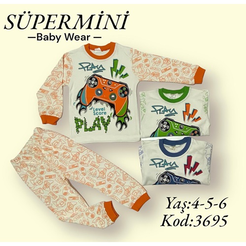 Süpermini 3695 Çocuk Play Atari Baskılı Penye Pijama Takım 4-6 Yaş - Turuncu - 4-5-6 YAŞ