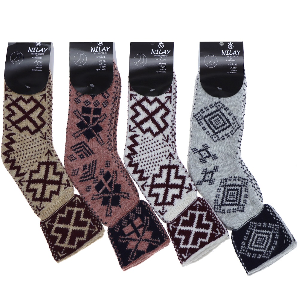 Nilay Bayan Desenli Yün Akrilik Soket Çorap -Karışık Renk