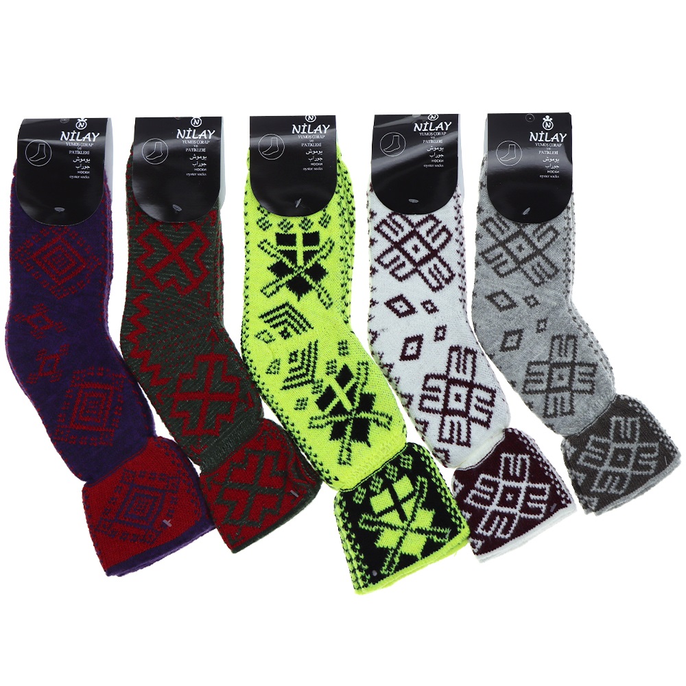 Nilay Bayan Desenli Yün Akrilik Soket Çorap -Karışık Renk