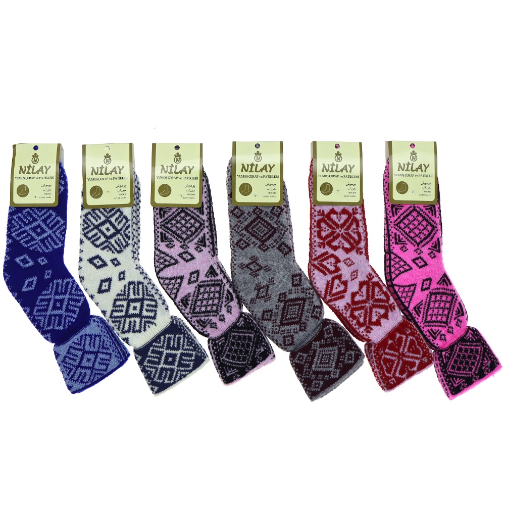 Nilay Bayan Desenli Yün Akrilik Soket Çorap -Karışık Renk
