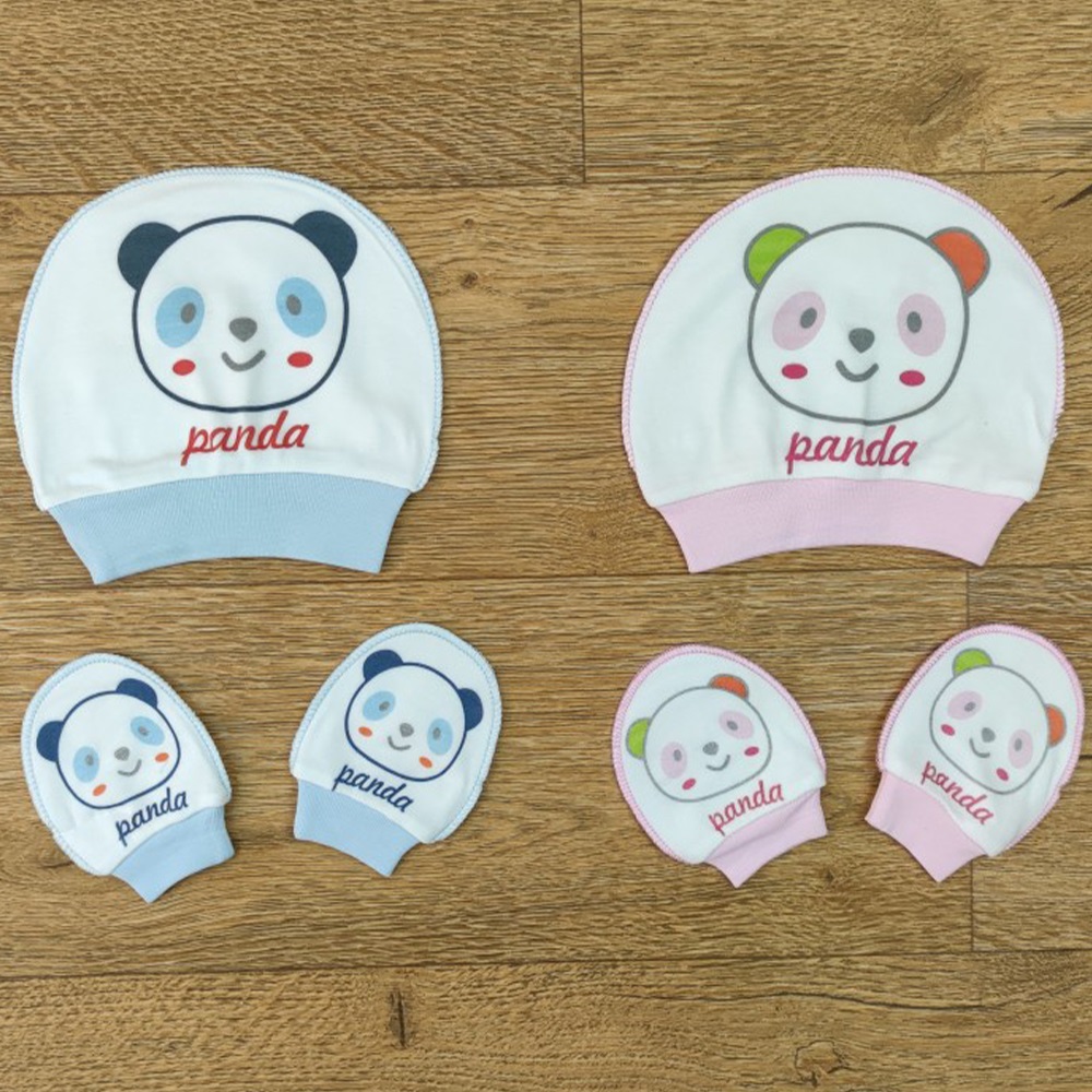 İzge Baby 1024 Panda Baskılı Şapka Eldiven 0-3 Ay