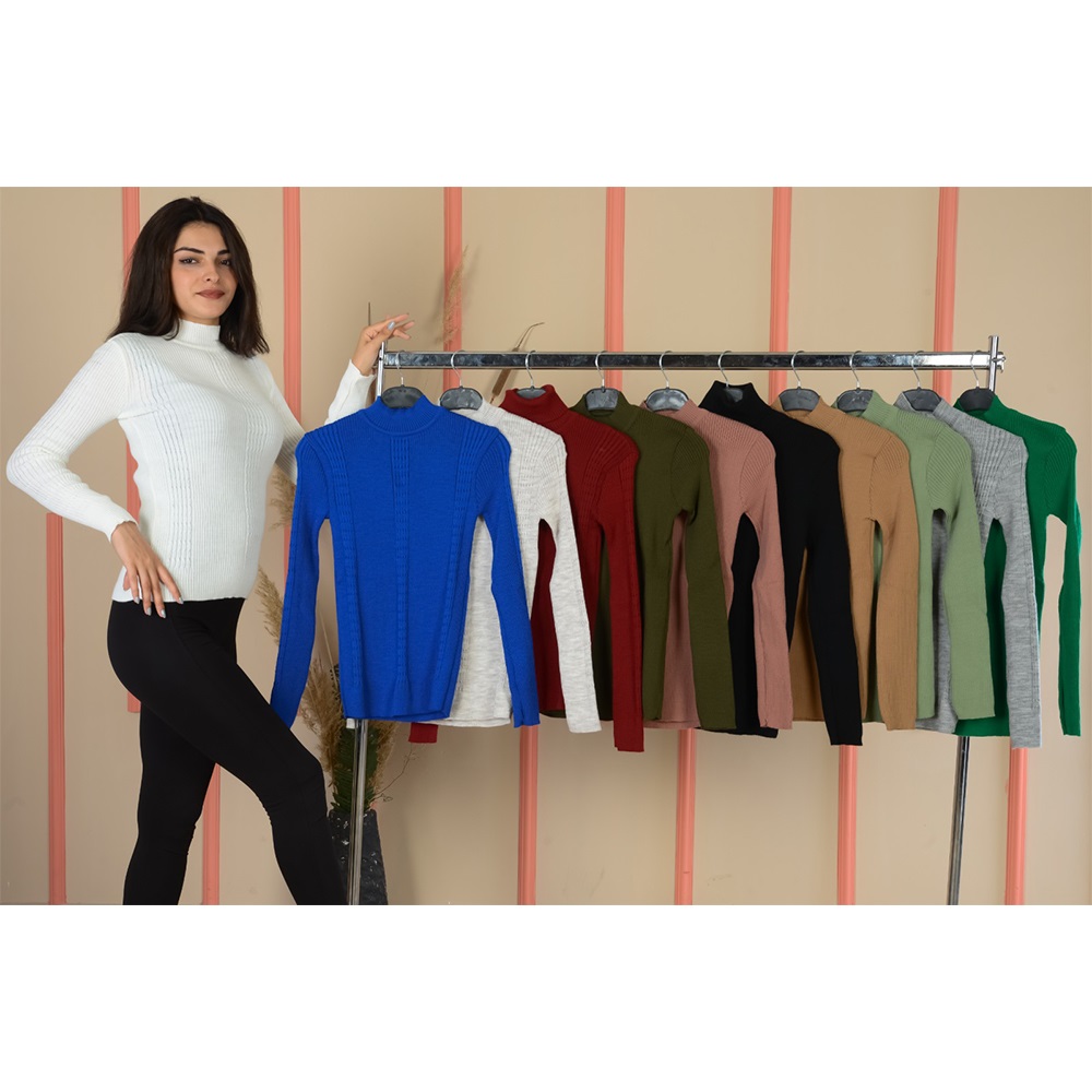 Buğra Bayan Triko Likralı Kabartma Desenli Boğazlı 3 Lü Badi