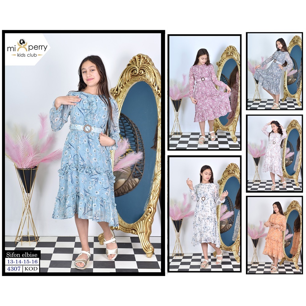 Mix Life 4307 Kız Çocuk Fırfırlı Desenli Şifon Gez Elbise 13-16 Yaş