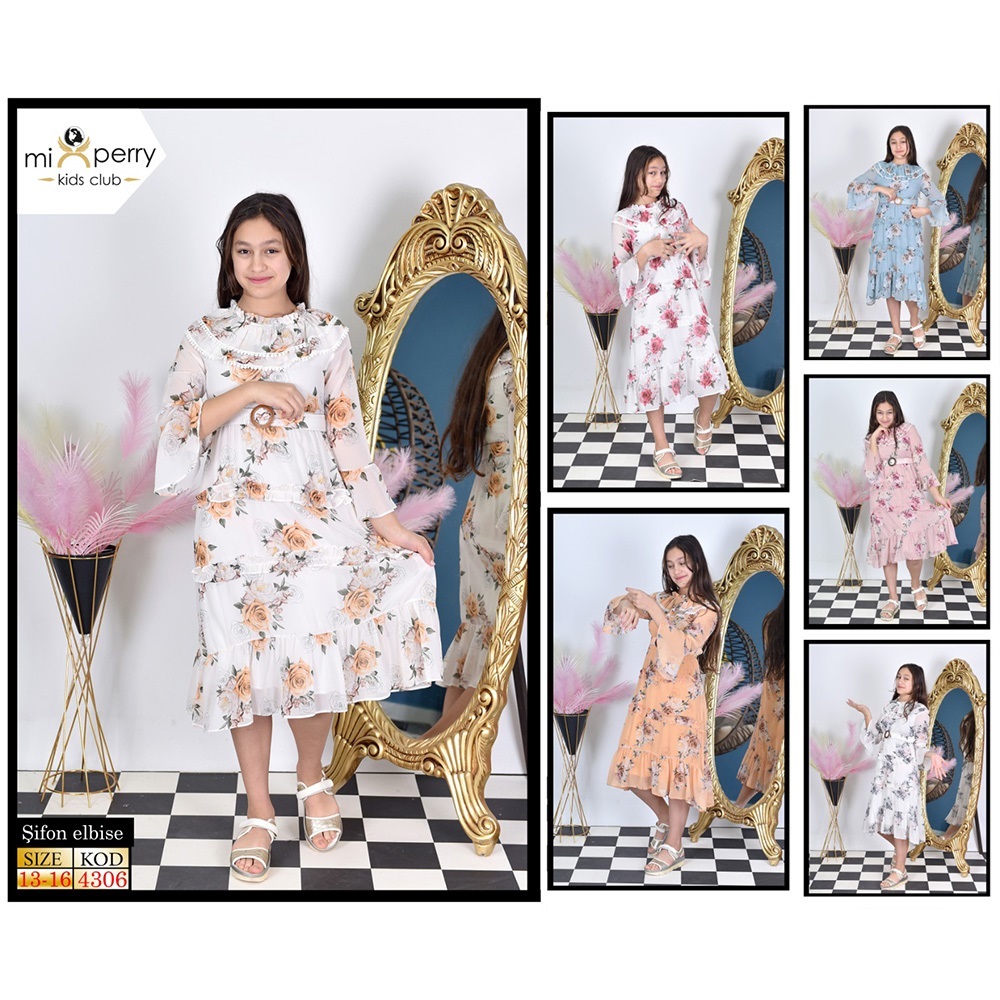 Mix Life 4306 Kız Çocuk Önü Dantelli Fırfırlı Gül Desenli Şifon Gez Elbise 13-16 Yaş