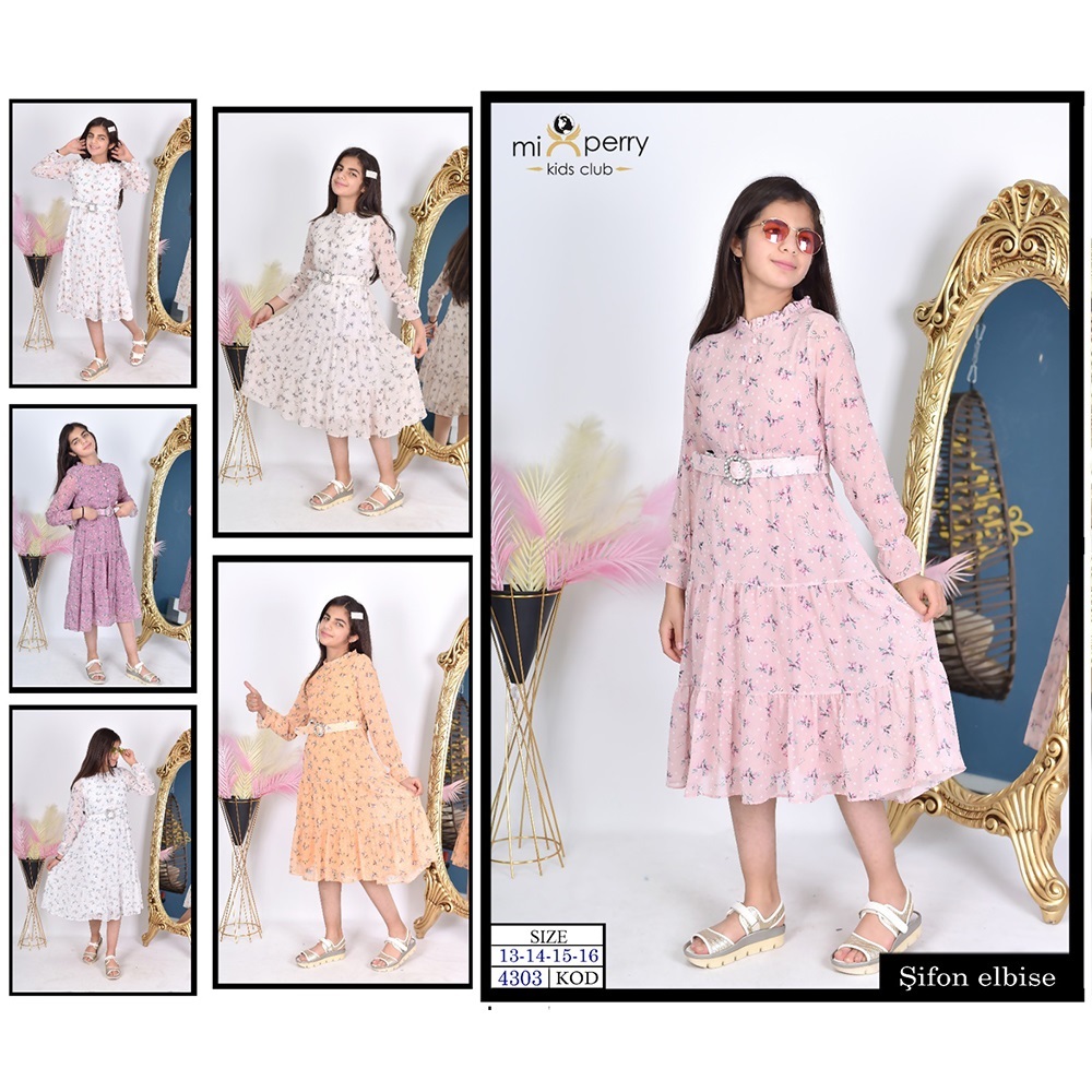 Mix Life 4303 Kız Çocuk Yakası Fırfırlı Düğmeli Şifon Gez Elbise 13-16 Yaş