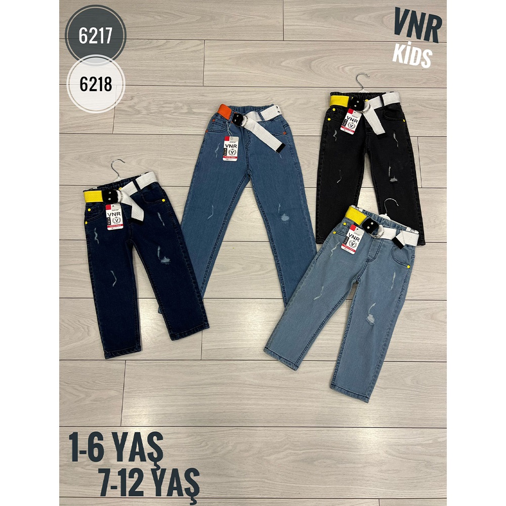 VNR 6217 Erkek Çocuk Destore Kemerli Lastikli Kot Pantolon 1-6 Yaş