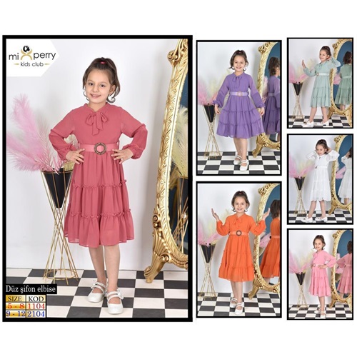 Mixperry 2104 Kız Çocuk Yakası Kemerli Şifon Elbise 9-12 Yaş