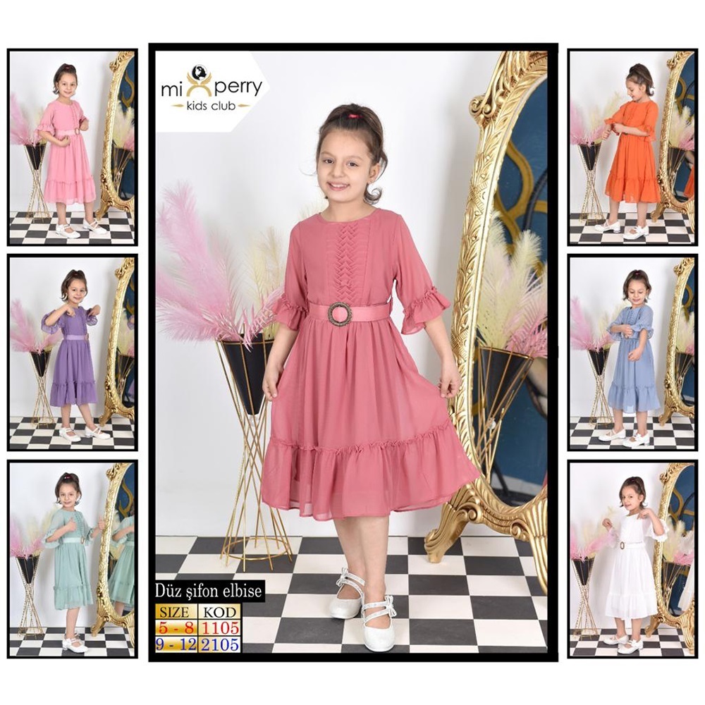 Mixperry 1105 Kız Çocuk Önü Piliseli Kısa Kol Şifon Elbise 5-8 Yaş