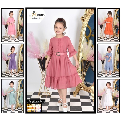 Mixperry 1105 Kız Çocuk Önü Piliseli Kısa Kol Şifon Elbise 5-8 Yaş