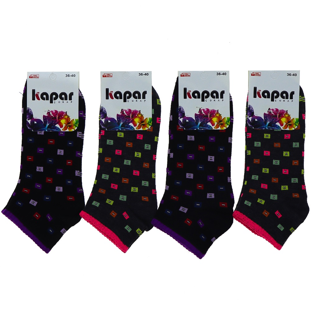 Kapar 0011 Bayan Likralı Penye Patik Çorap - Karışık Renk Desenli