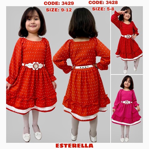 Esterella 3429 Kız Çocuk Kemerli Gofre Elbise 9-12 Yaş - Fuşya - 9-12 YAŞ