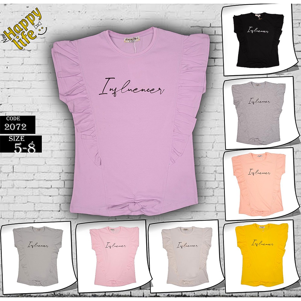 Happy Life 2072 Kız Çocuk Önü Fırfırlı Baskılı Tişört 5-8 Yaş