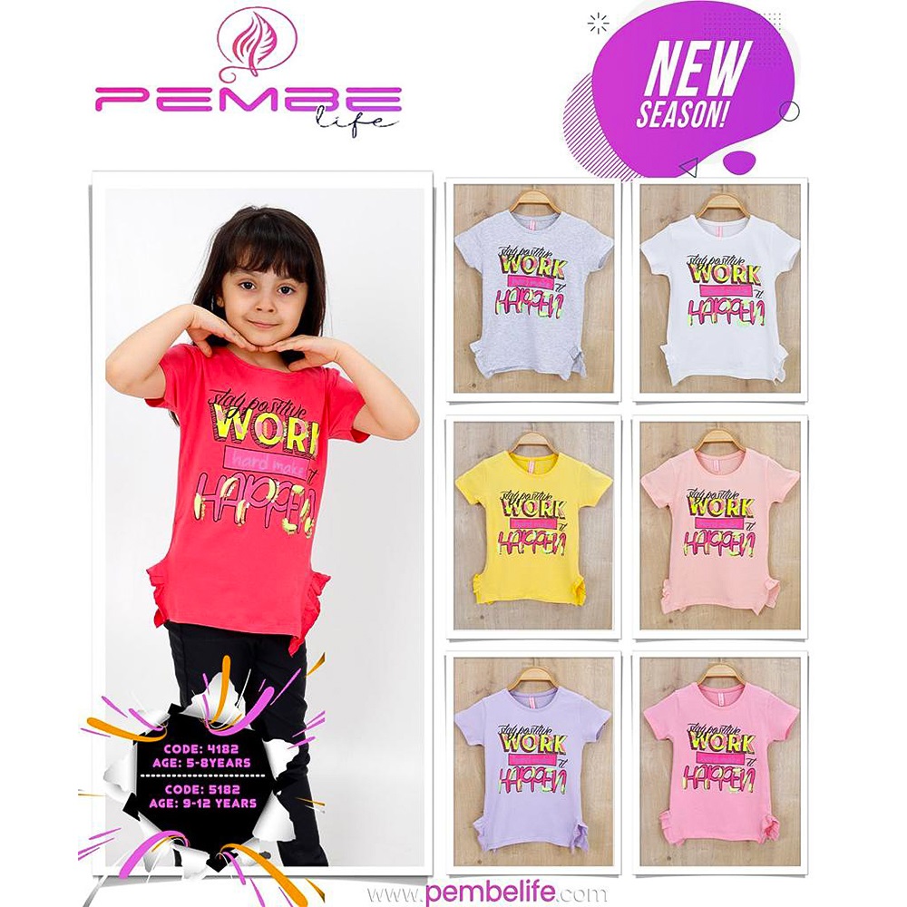 Pembe 5182 Kız Çocuk Yan Fırfırlı Work Happen Nak Tişört 9-12 Yaş