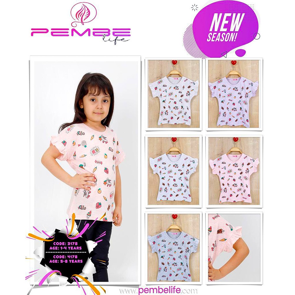 Pembe 3178 Kız Çocuk Kol Fırfırlı Karikatür Bas Tişört 1-4 Yaş