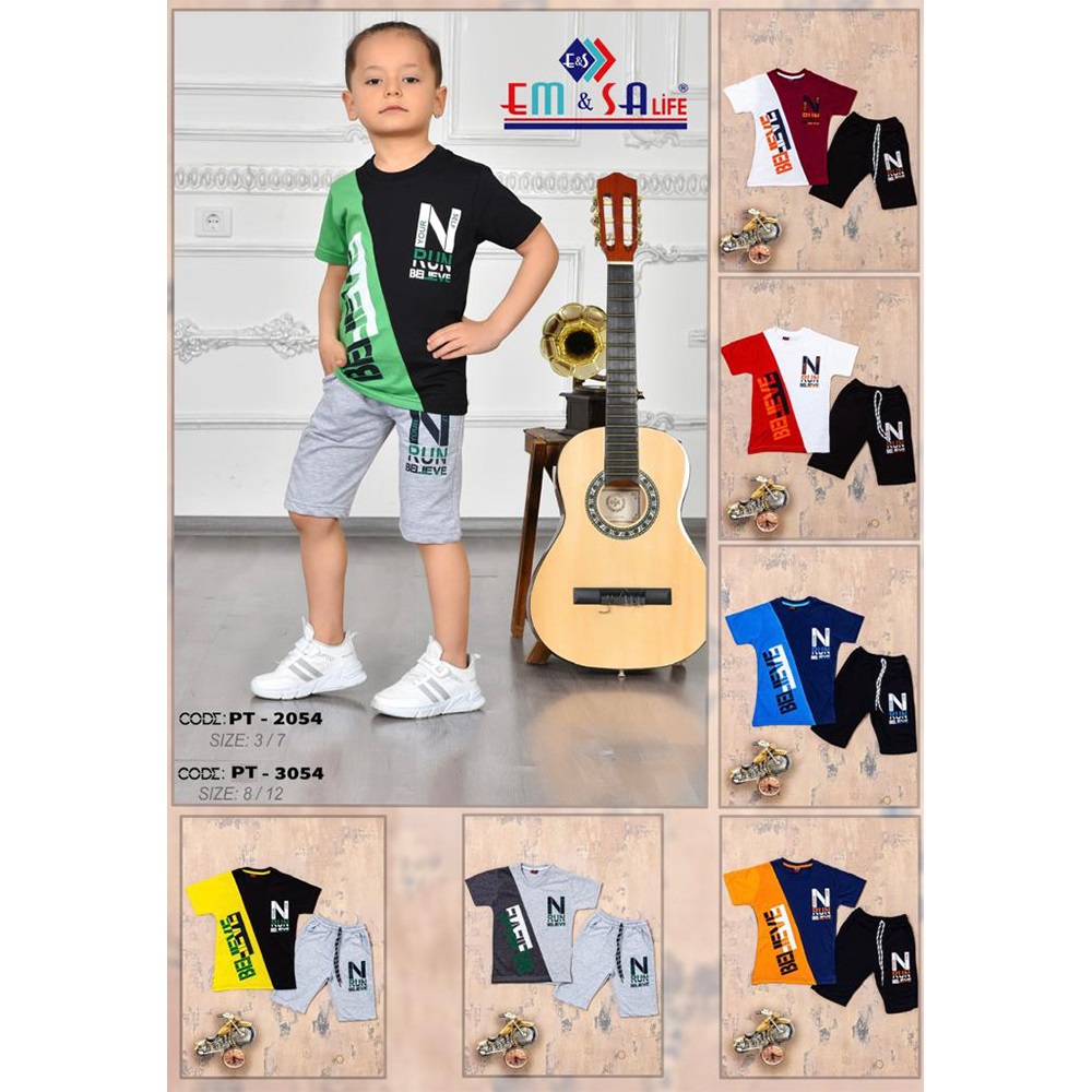 Em&sa PT-3054 Erkek Çocuk Sıfır Yaka Belive Bas 2 Li Alt 2 İp Takım 8-12 Yaş - Beyaz - 8-9-10-11-12 YAŞ